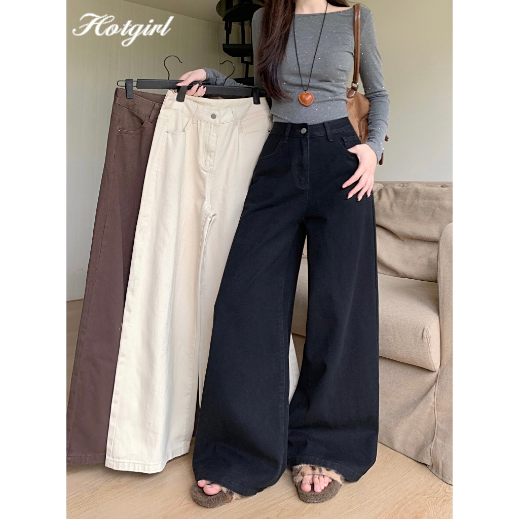 Hotgirl พร้อมส่ง S-XL กางเกงยีนส์ผู้หญิง กางเกงขายาวเดนิม สีพื้น ทรงหลวม ทรงคลาสสิก เอวสูง ขากว้าง