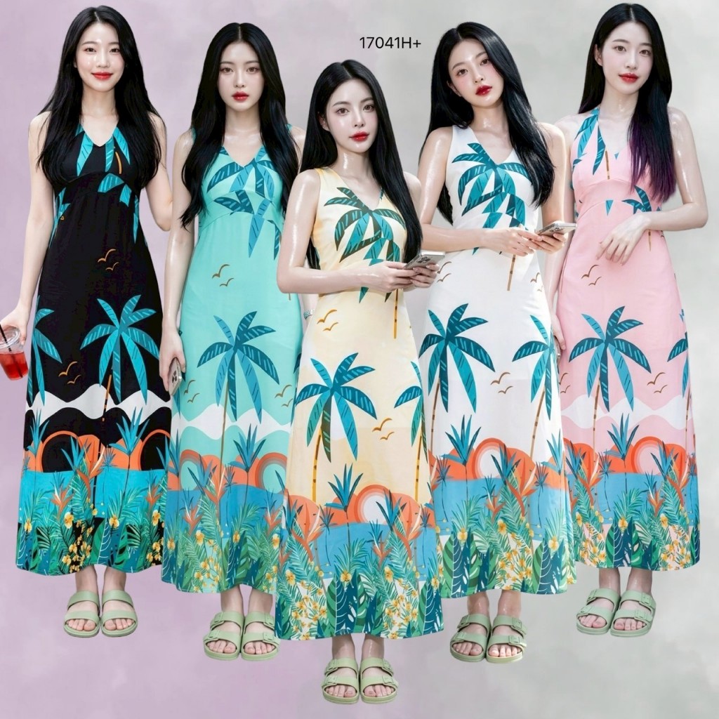 TwinsShopVip💗พร้อมส่ง TW17041 แม็กซี่เดรสคอวีลายต้นมะพร้าว Coconut tree print V-neck maxi dress