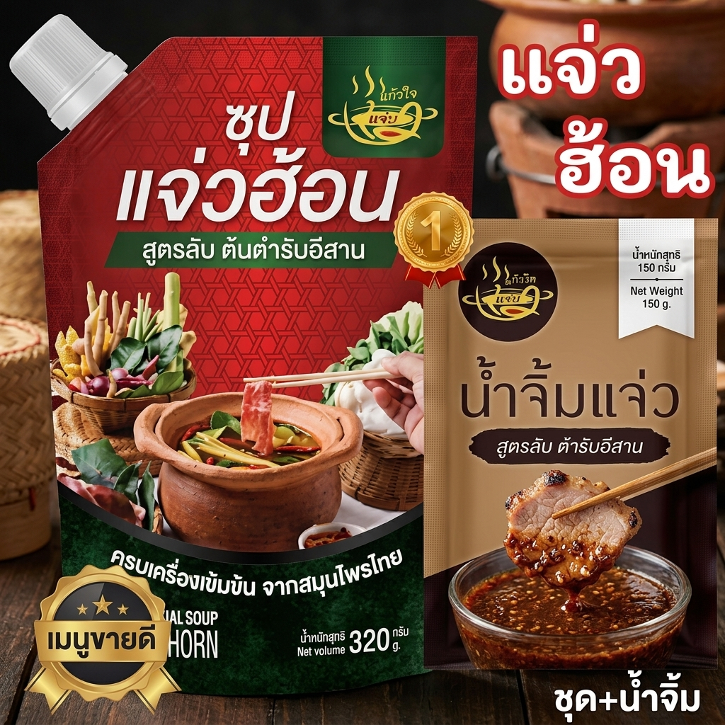 ✅แจ่วฮ้อน แจ่วฮ้อนแก้วใจ สูตรลับต้นตำหรับอีสาน ซุป+น้ำจิ้ม (ขม,ไม่ขม) เข้มข้น กลมกล่อม ขนาด 320g✅