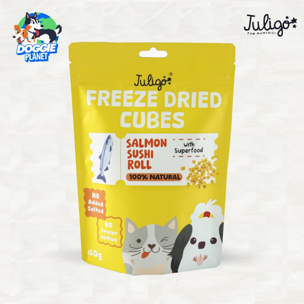 Juligo ฟรีซดรายสุนัข แมว Salmon Sushi Roll ขนมแซลมอนผสมสาหร่ายโนริ บำรุงขนและสมอง 40 g