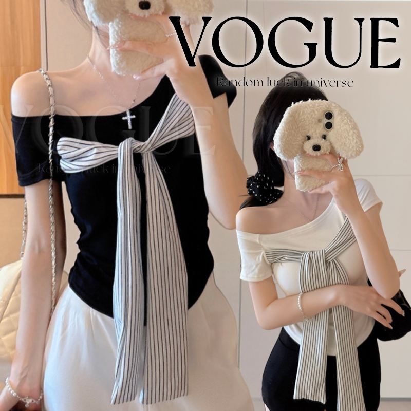 Vogue🌟พร้อมส่ง🌟 เสื้อแขนสั้นเปิดไหล่ แต่งผ้าลายทาง ดีเทลเก๋ๆ ยืดตามตัว (FY5211)