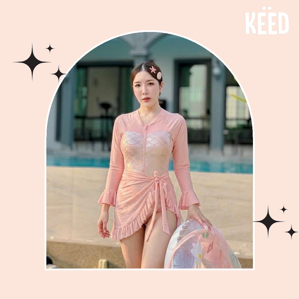 ✨NEW✨ KEED : MERMAID ชุดว่ายน้ำสีชมพูนู๊ด ของคุณแม่ พิมพ์ลายเมลเมด กัน UV50+