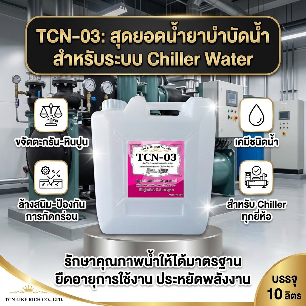 TCN03 น้ำยาป้องกันตะกรันและสนิมในระบบ chiller เป็นน้ำยาเติมในระบบชิลเลอร์เพื่อปรับค่าน้ำในระบบและป้อ