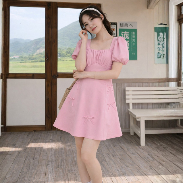 🌿พร้อมส่ง🚗 S-5XL เดรสสั้น แขนพอง แต่งโบว์สไตล์เวียดนาม มินิมอล น่ารัก เดรสพลัสไซซ์