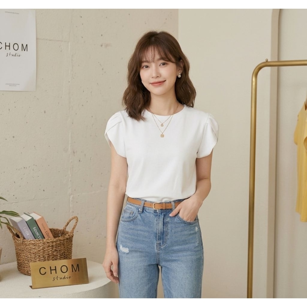 🌟เสื้อยืดดีไซน์สุดคิวท์ แขนจับจีบไขว้ แพทเทิร์นละมุนมากกกก