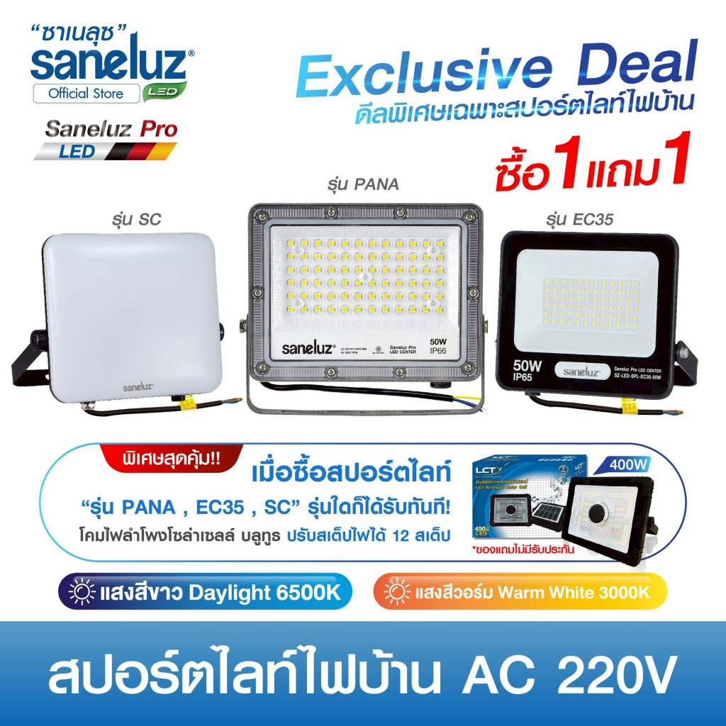 Saneluz ซื้อ 1 แถม 1 สปอร์ตไลท์ LED AC220V แถมฟรี โคมไฟลำโพงโซล่าเซลล์ บลูทูธ ปรับสเต็ปไฟได้ 12 สเต็ป