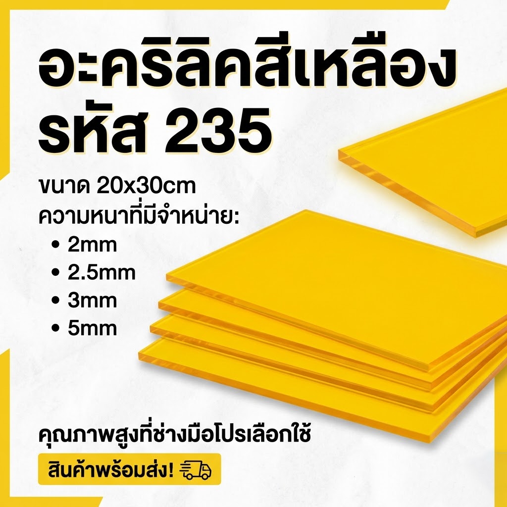 อะคริลิคเหลือง/235 ขนาด 20X30cm มีความหนาให้เลือก 2 มิล,2.5 มิล,3 มิล,5 มิล
