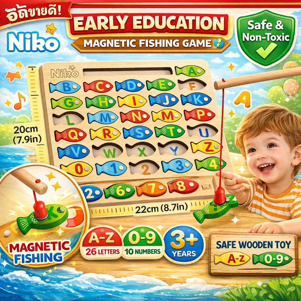 NIKO ชุดตกปลาแม่เหล็ก ของเล่นไม้เสริมพัฒนาการ เรียนรู้ A-Z ตัวเลข ฝึกสมาธิ ฝึกกล้ามเนื้อมัดเล็ก สำหรับเด็ก ของขวัญเด็ก