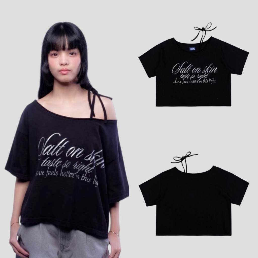 Black Washed Off shoulder Ribbon | เสื้อปาดไหล่