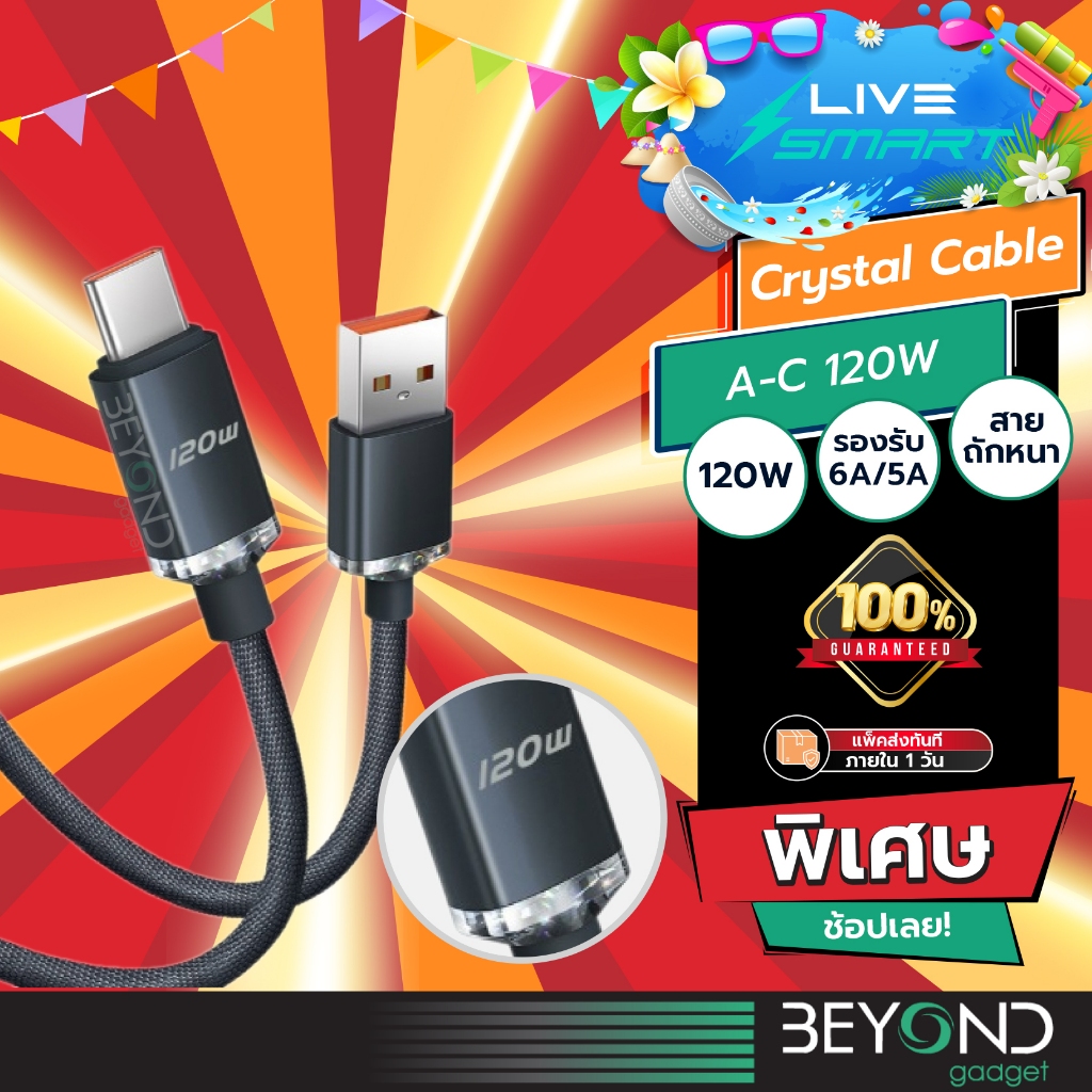120W❗️สายชาร์จ LiveSmart Crystal สายชาร์จเร็ว USB to Type C 6A 120W 66W Baseus ที่เก็บสาย สำหรับ Huawei หัวเหว่ย