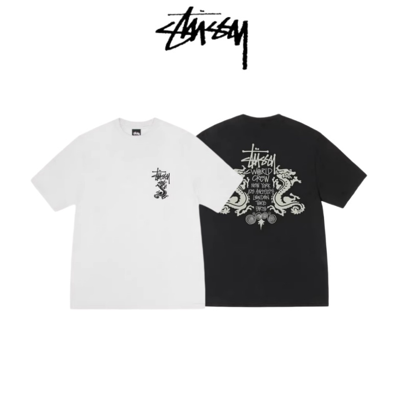 ของแท้💯% STUSSY เทรนด์พิมพ์มังกรและโลโก้แขนสั้นเสื้อยืดฤดูใบไม้ผลิ Unisex