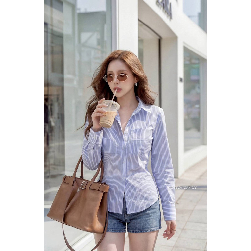 #Cotton Candy   เสื้อเชิ้ตริ้ว ฟ้า/น้ำตาล New Emily korea top ราคา ถูกที่สุด ดีลบีเคเค แกลเลอรีภาพที่ 3