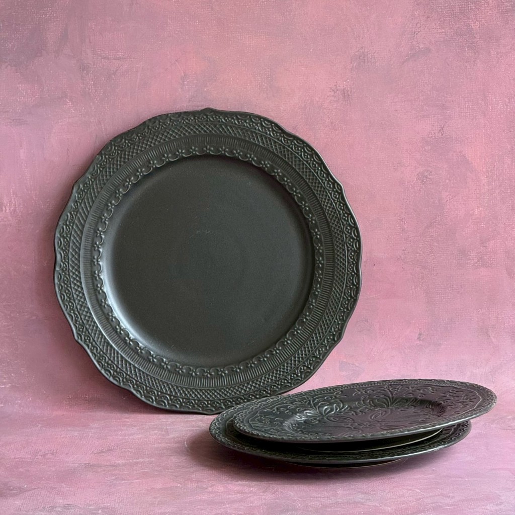 จานเซรามิค จานแกะลาย Plate Ceramic สีดำ Dinner Plate Side Plate - AT1CERAMIC