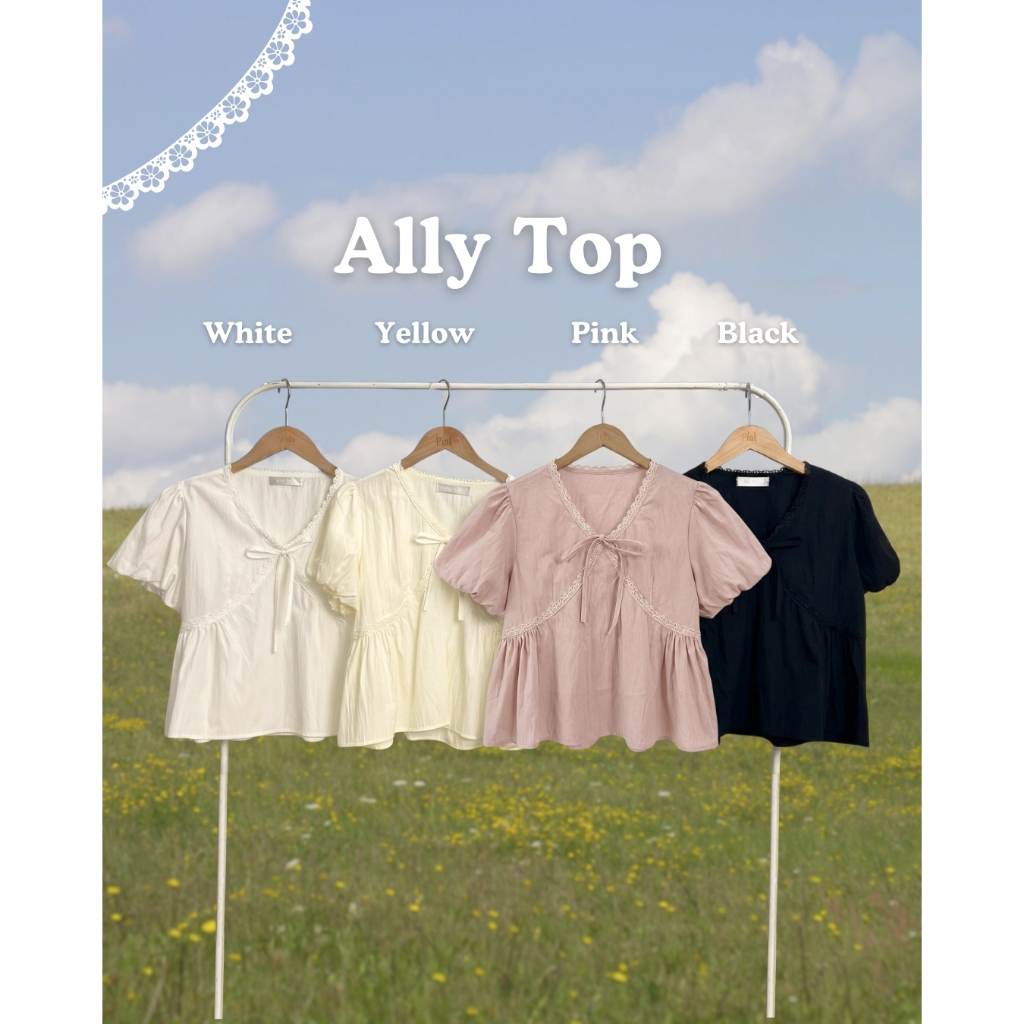 Ally Top เสื้อแขนสั้นแต่งขอบลูกไม้ ผูกโบว์น่ารัก Miladi