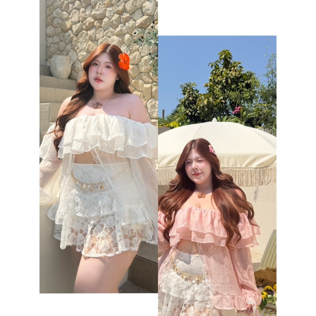 เสื้อเปิดไหล่แขนยาว แต่งระบาย ตกแต่งลูกไม้