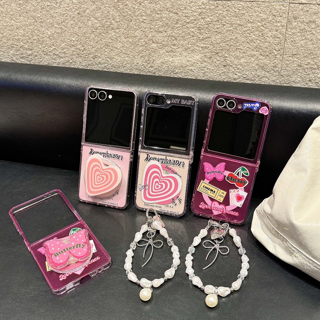 พร้อมส่งจากไทย ! เคสฟลิปแม่เหล็กกลิตเตอร์ชมพูลายผีเสื้อหัวใจ (20123) for Samsung Galaxy Z Flip7 Flip6 Flip5