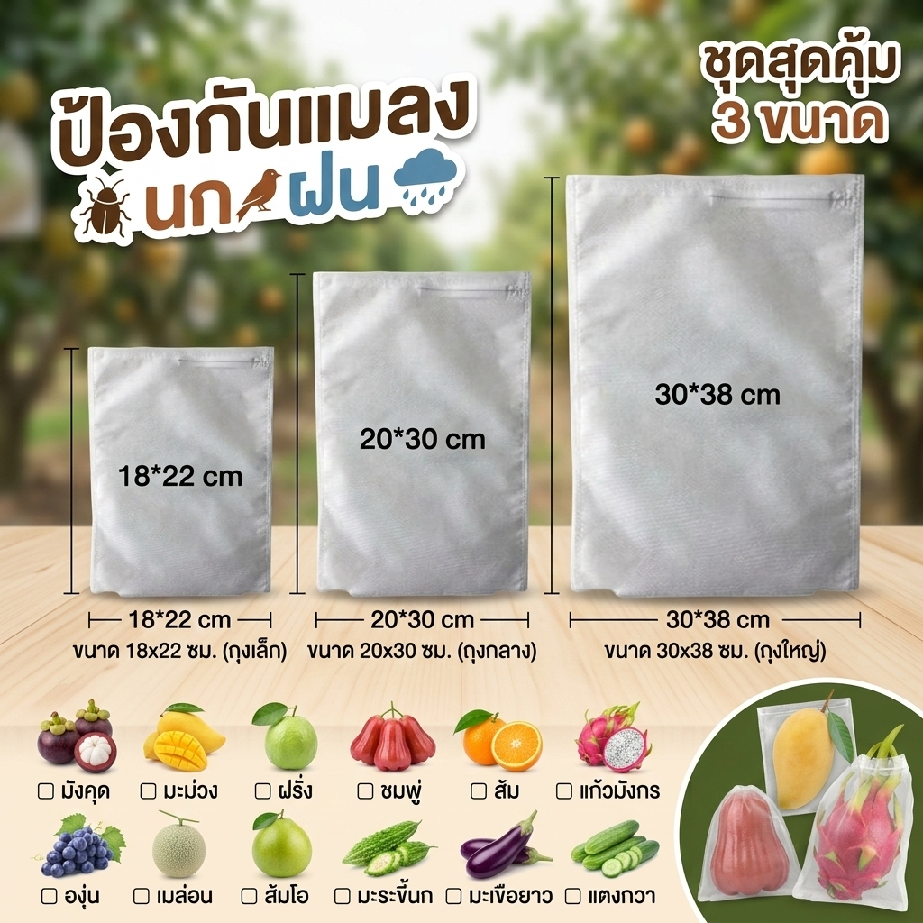 ถุงห่อผลไม้กันแมลง 20*30cm (มัดละ 100 ใบ) ผ้าไม่ทอ ระบายอากาศดี ใช้ได้กับองุ่น มะม่วง ฝรั่ง น้อยหน่า ชมพู่ มะม่วง