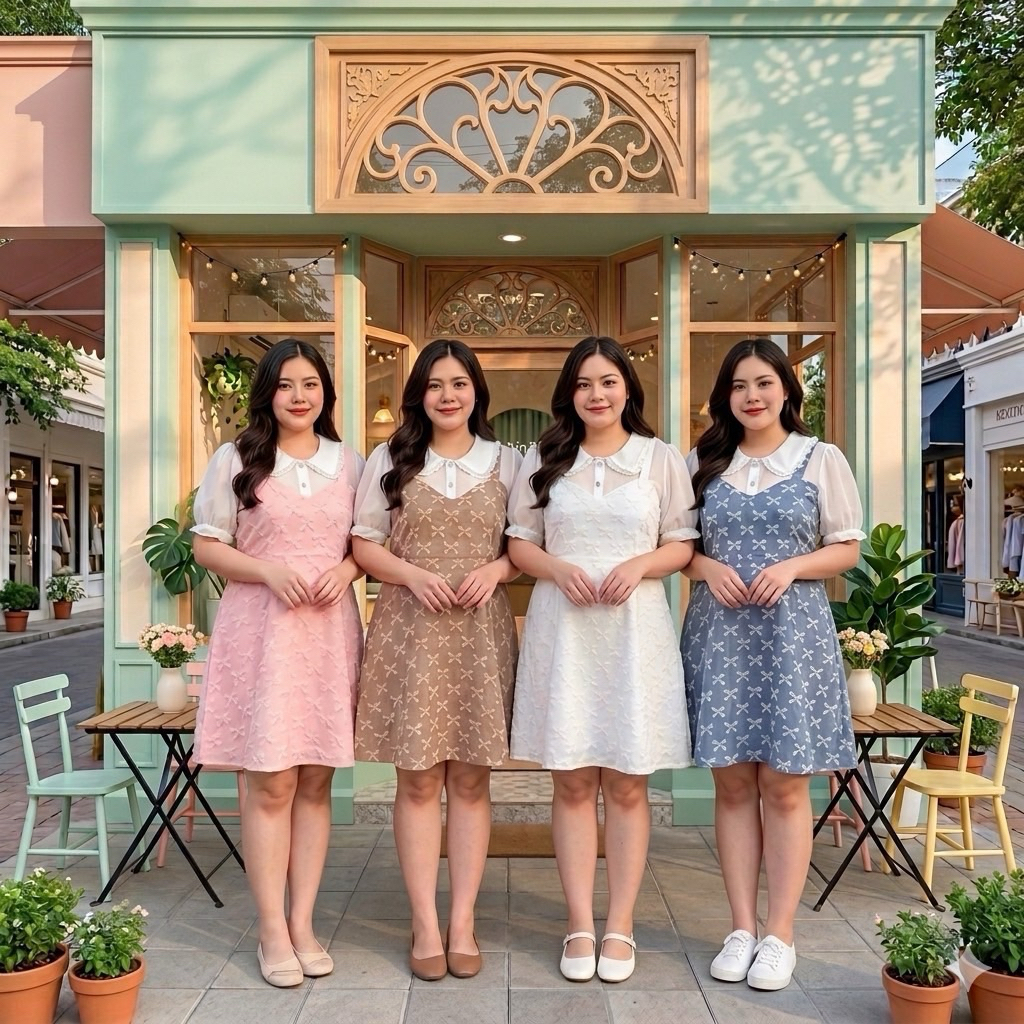 BN713.ชุดเดรสออกงานเดรสทำงานสาวอวบเข้าใหม่ แต่งสายเอี้ยม ผ้าลายโบว์ อก48“