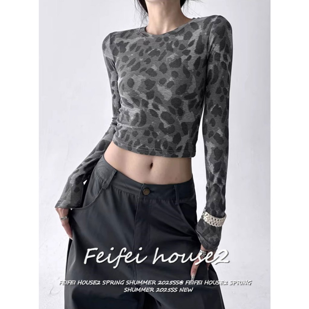 [Trendy leopard print long-sleeved T-shirt]สไตล์อเมริกันวินเทจผู้หญิงเทรนด์เสือดาวพิมพ์ผอมแขนยาวรอบคอเสื้อยืด
