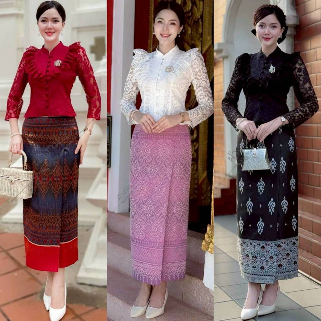 NB - KH (ขายแยก) ชุดไทยเสื้อลูกไม้แขนยาวสีขาวงา เสื้อลูกไม้อิตาลี มีอก32-44 ผ้าถุงผ้าฝ้ายทอลาย S-2XL
