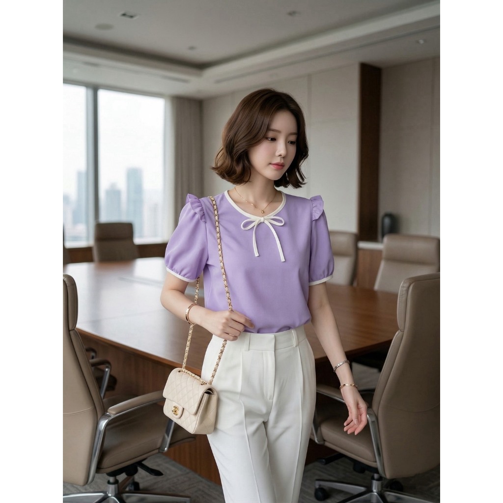 🇹🇭 เสื้อคอกุ๊น ผูกโบว์ตัดขอบขาว แซกระบายไหล่ แขนตุ๊กตา น่ารัก 🔴ส่งไว🔴⚡ 👉เก็บโค้ดหน้ากิจกรรม โค้ดลด 30% สูงสุด 150.-