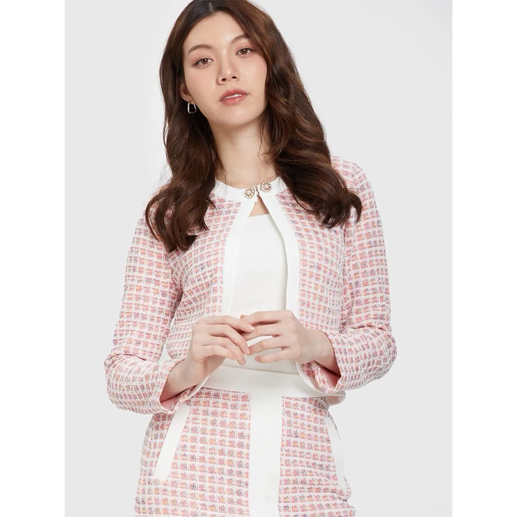 EP Fashion (2nd) : เสื้อคาดิแกน ผ้าทอ เนื้อนุ่ม พิมพ์ลายตาราง สีชมพู