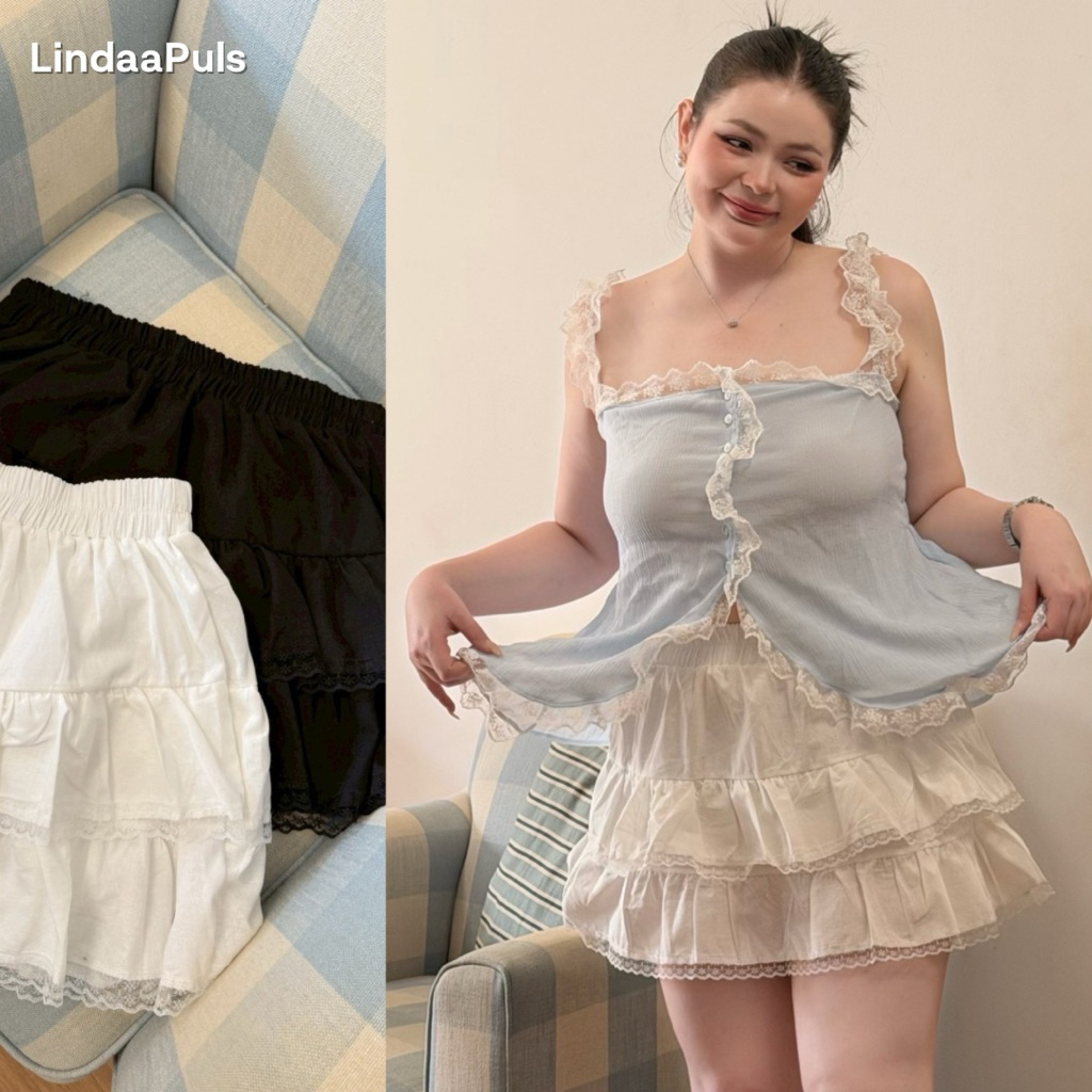 LindaaPlus-- กระโปรงแต่งชายลูกไม้สาวอวบอ้วน ✨💕 ˖ กระโปรงชั้นๆแต่งลูกไม้สุดฮิต มีกางเกงซับใน ใส่คู่กับเสื้อตัวไหนก็เริ่ดๆ