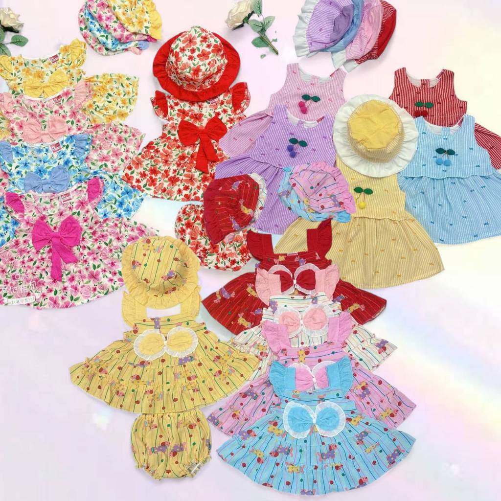 เซ็ต 3 ชิ้น ชุดเดรสเด็ก พร้อมหมวก กางเกง ชุดกระโปรงเด็ก 0-12 เดือน ลายดอกไม้ หวานๆ ชุดเด็กผู้หญิง BAB0018