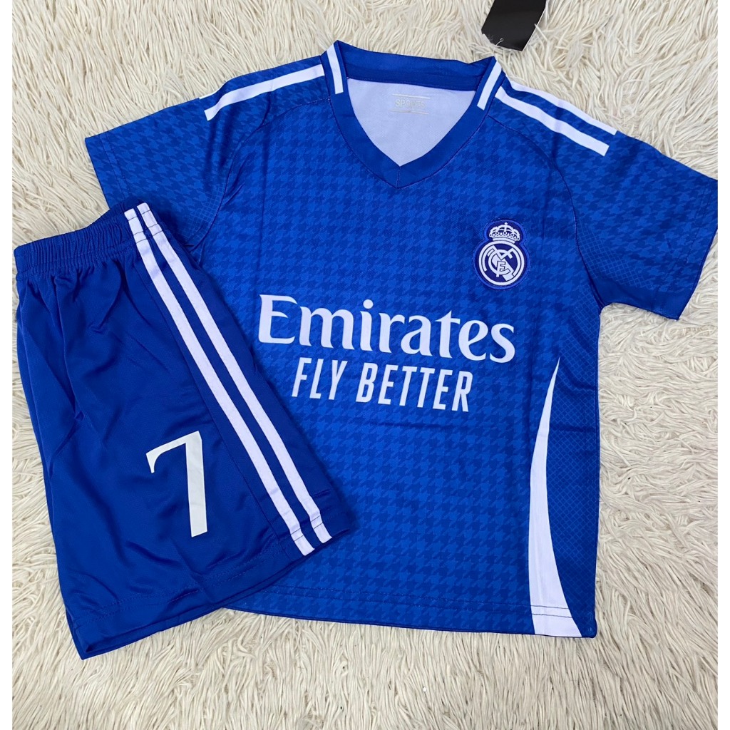 ชุดฟุตบอลเด็กสีน้ำเงินเบอร์7สกรีนชื่อRONALDOเสื้อ+กางเกง