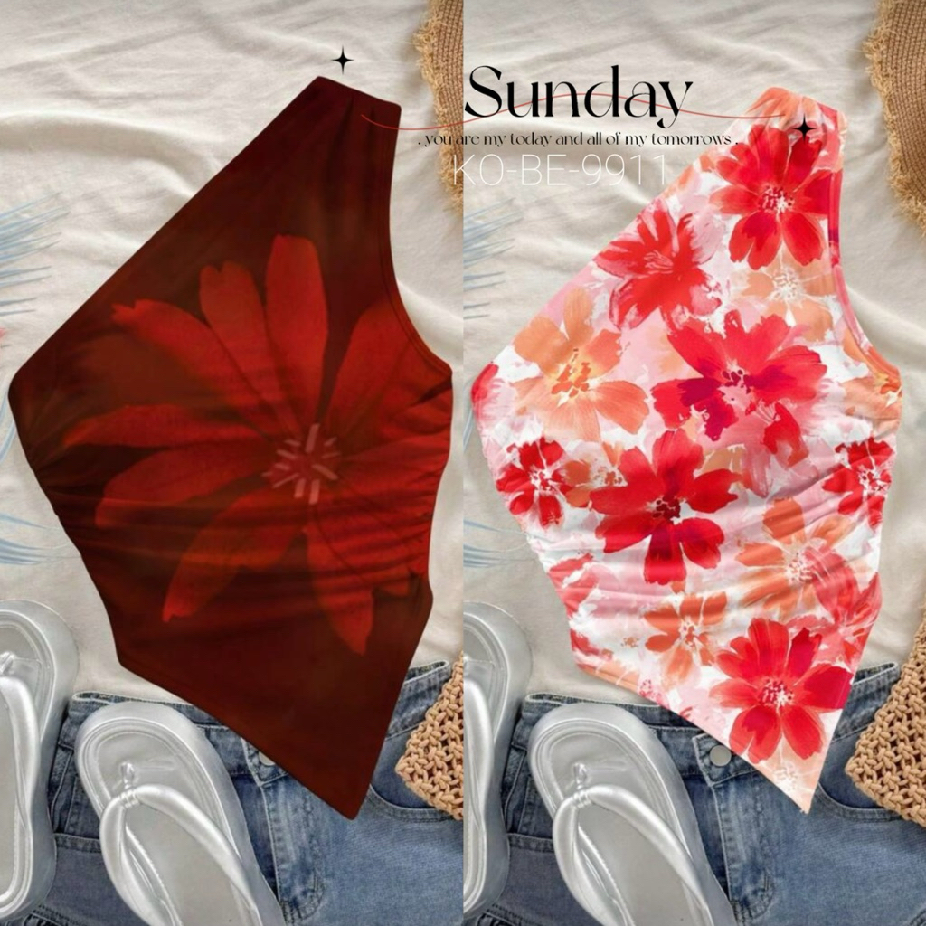 KOBE-9911 🌺 Sunday 🌺 เสื้อไหล่เดี่ยว ลายดอกไม้สีสดใส 🇹🇭 พร้อมส่งจากไทย