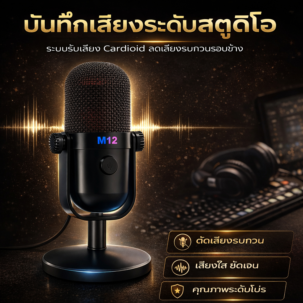 ไมโครโฟนคอนเดนเซอร์ USB M12 เสียงระดับสตูดิโอ ลด Noise เหมาะบันทึกเสียงและพอดแคสต์