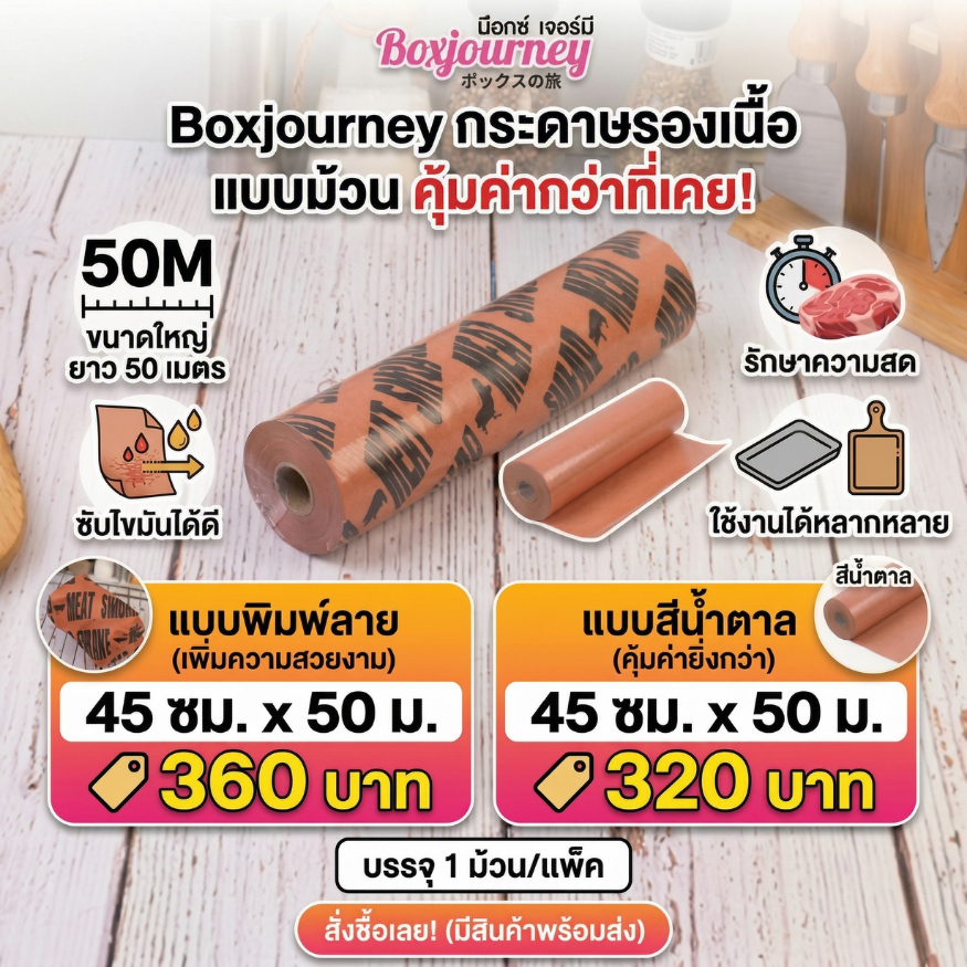 Boxjourney กระดาษรองเนื้อสด/แฮม แบบม้วน 45 ซม. x 50 ม. (1 ม้วน/แพ็ค)