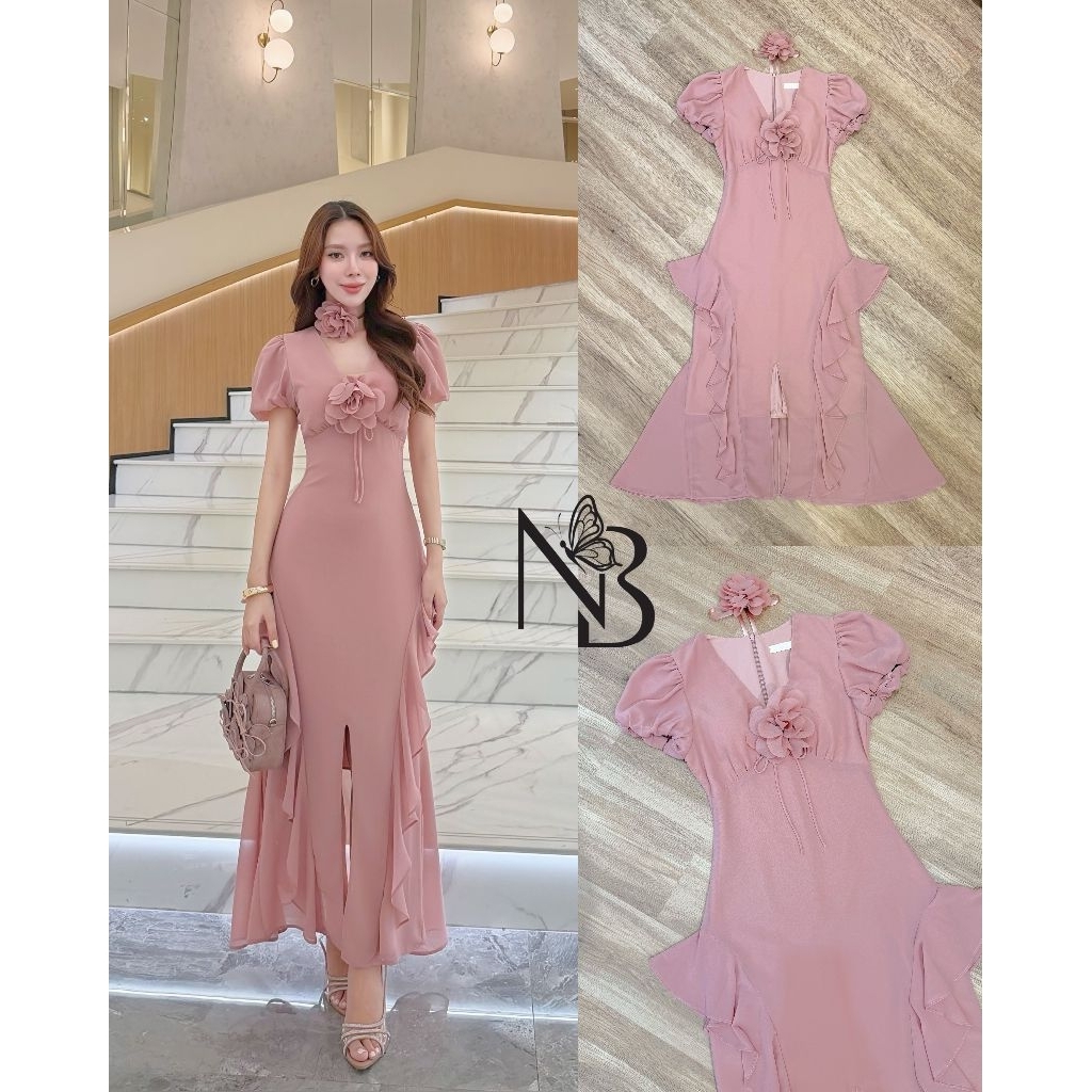 S M L มือ1 NABI BRAND เดรสยาวใส่ออกงานสีน้ำชมพู มีเข็มกลัดดอกและโช๊คเกอร์คอ ใส่สวยสุดๆ ป้าย NABI BRA