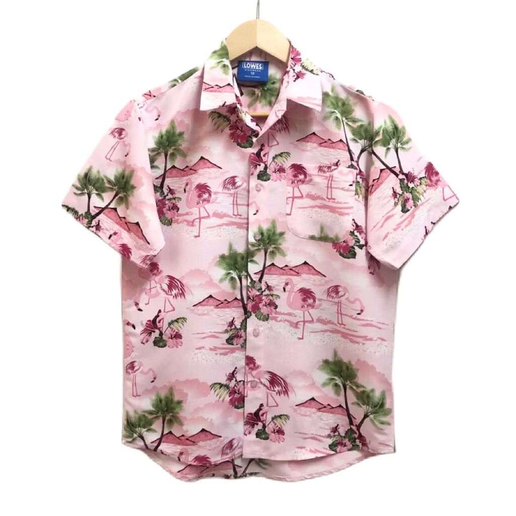 LOWES kids wear เสื้อเชิ้ต แขนสั้น ใหม่กริบ สีชมพู ลายนกฟลามิงโก มือสอง