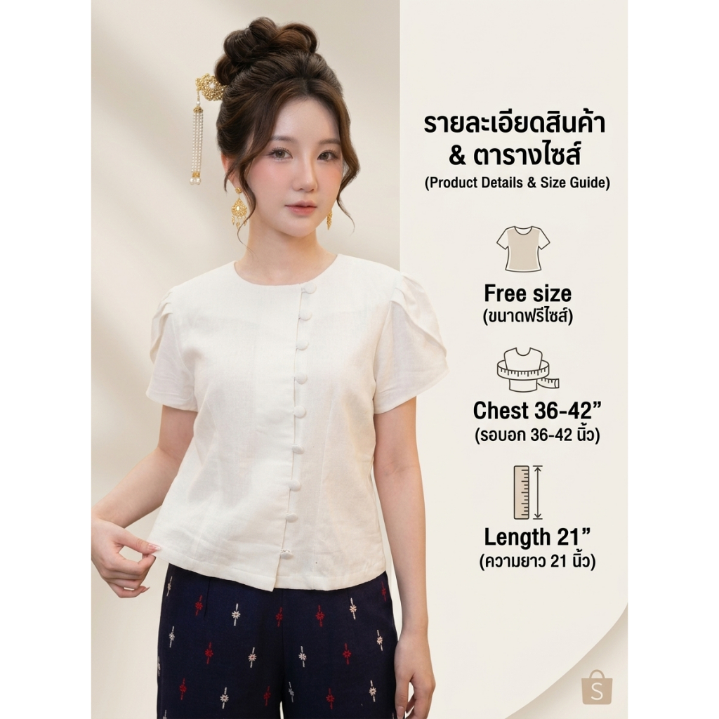#Nutsinee เสื้อผ้าฝ้ายพื้นเมือง เสื้อพื้นเมืองผู้หญิง สีขาวครีม แขนพอง กระดุมผ้า