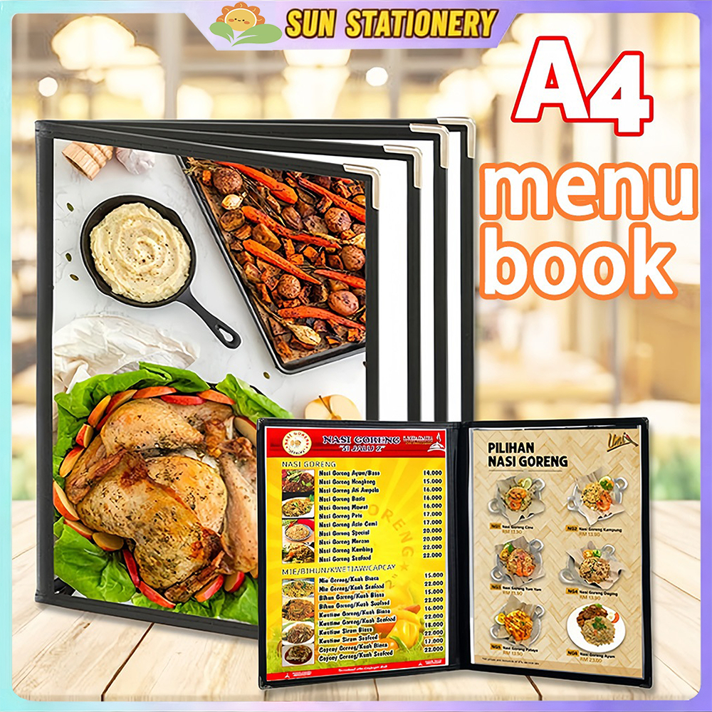 แฟ้มเมนูอาหาร ขนาด A4 ปกพลาสติกใสอย่างดี เมนูโปร่งใส ขอบเงิน มี4ขนาดให้เลือก หนังสือสูตรอาหารร้านอาหาร