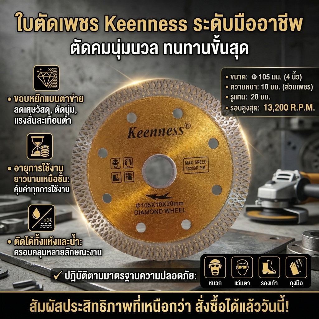 Keenness ใบตัดเพชร 4 นิ้ว (105มม.) ใบตัดกระเบื้อง ขอบตาข่าย ตัดคม นุ่มนวล ทนทานพิเศษ ตัดได้ทั้งแห้งและน้ำ ของแท้ 100%