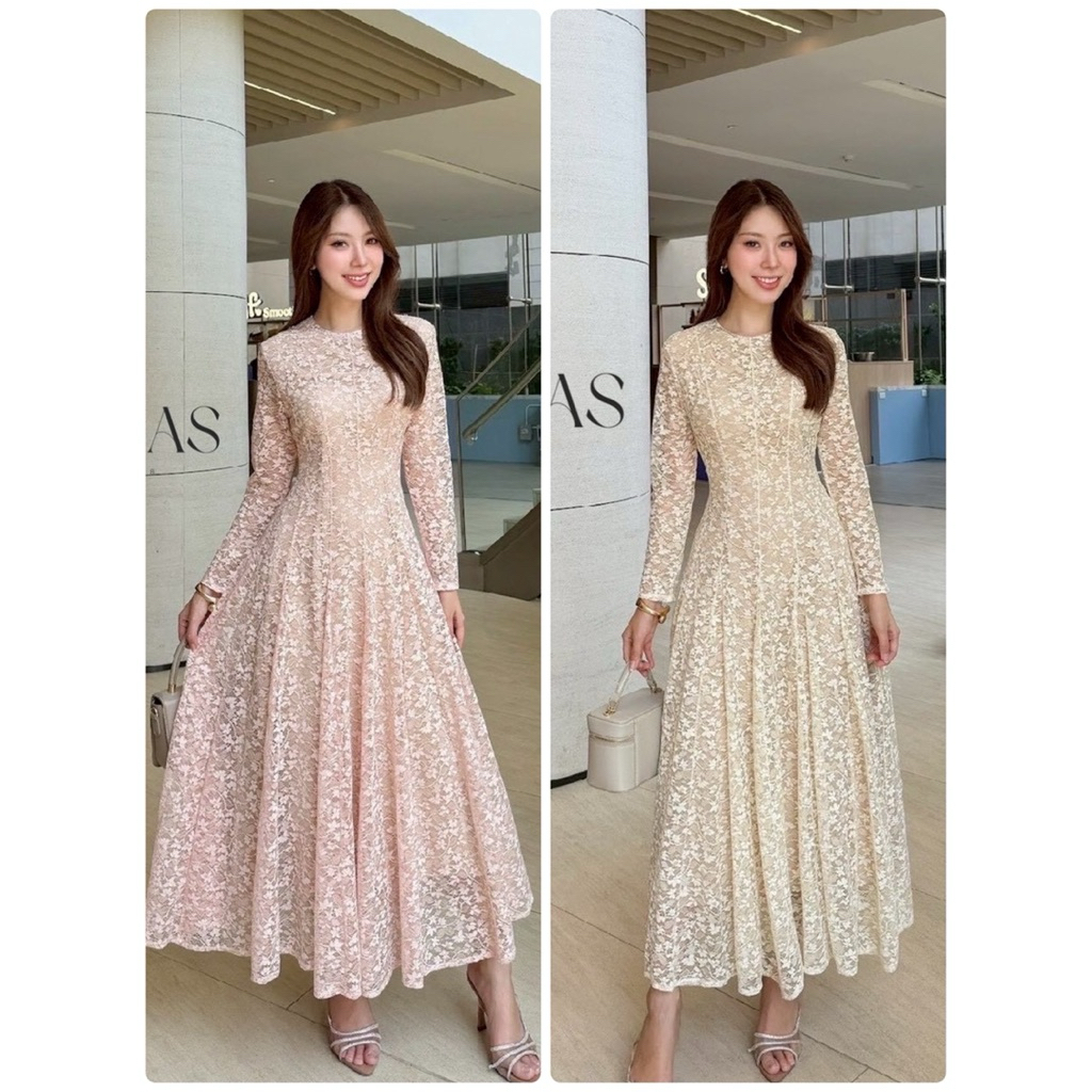 Vegas Luxury Maxi Princess dress เดรสลูกไม้ยาวออกงาน แขนยาว ซิปหลัง มีซับใน (7ไซต์)