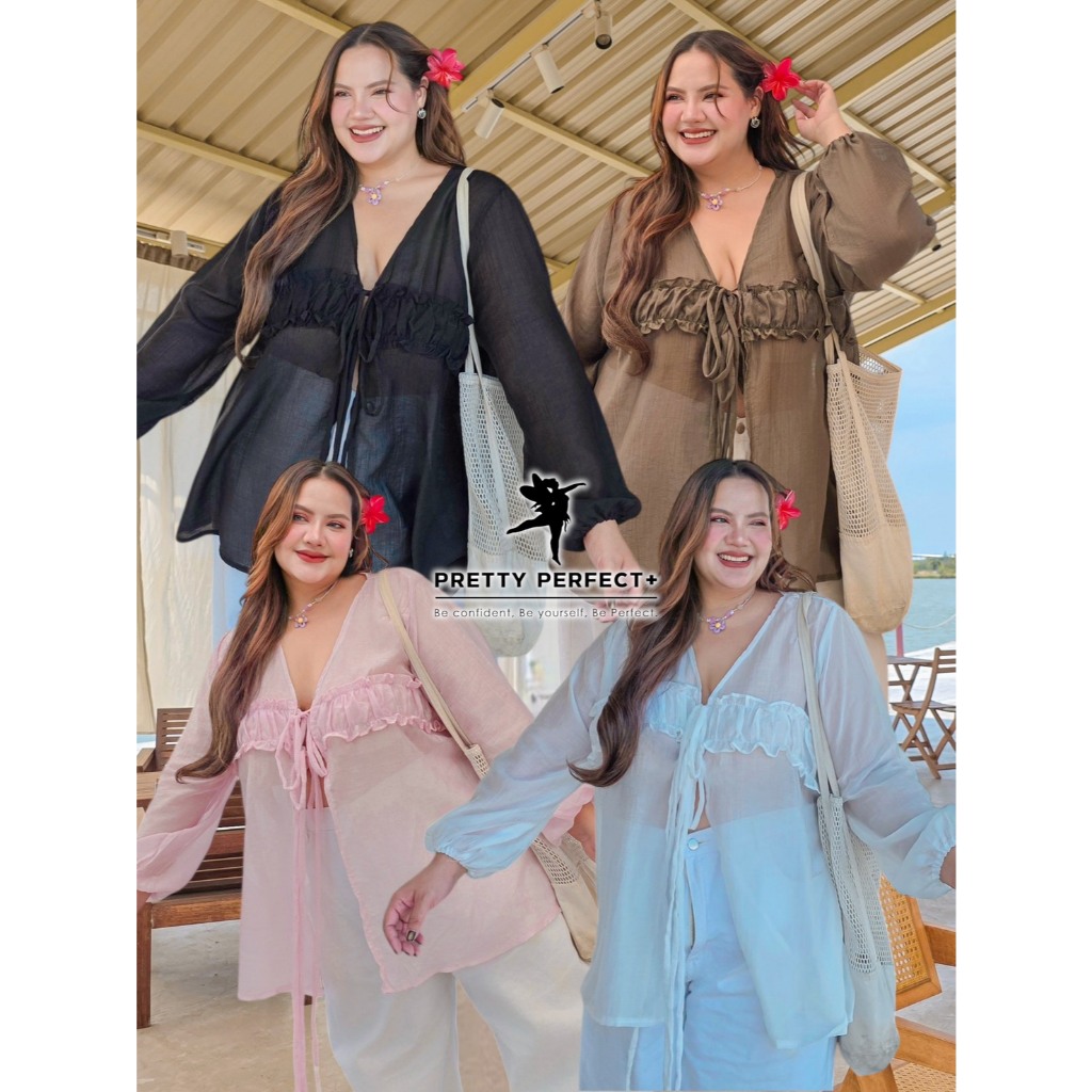 เสื้อซีทรูแขนยาว ผูกอก 40"-60" นิ้ว แต่งย่นตรงหน้าอก ใส่สบาย ใส่ไปเที่ยว ถ่ายรูปคาเฟ่ สวยเซ็กซี่มากคะ พลัสไซส์ ไซส์ใหญ่