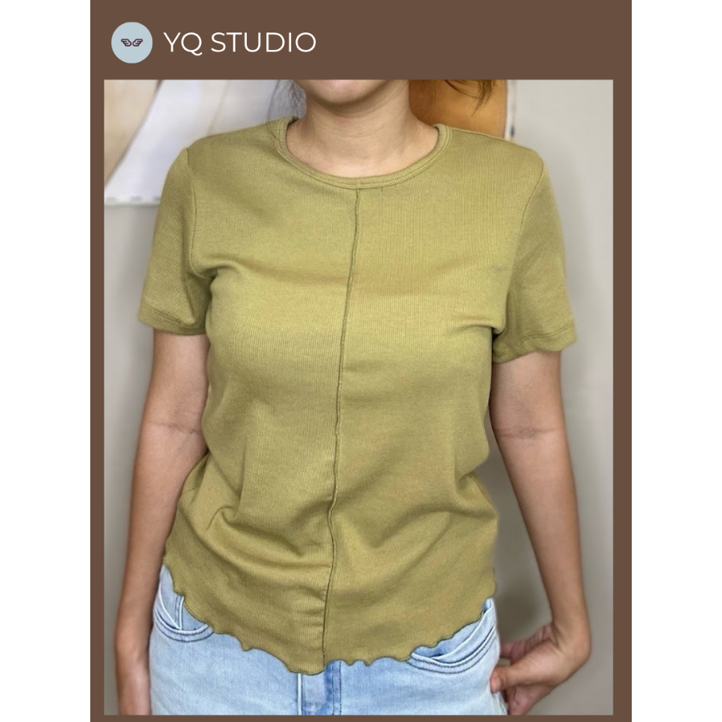 MG914 YQ Korean Shop เสื้อยืดคอกลมผ้า Lyca แต่งดีเทลเย็บขอบ ป้ายYQ
