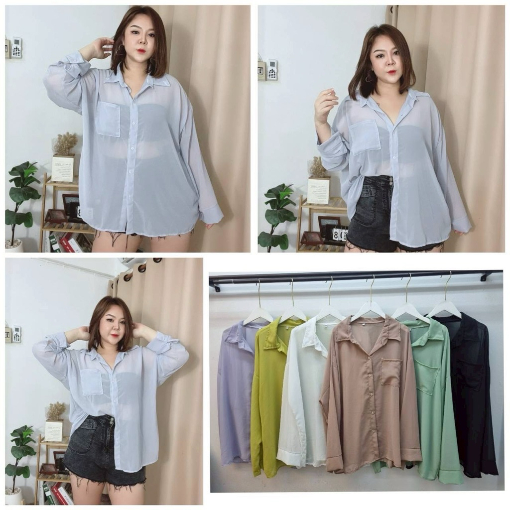 JIRA |เสื้อเชิ้ตผ้าชีฟอง ไม่เปิดหลัง อกหน้าผ้า 56 นิ้ว อก 40 -54 นิ้ว ใส่ได้ ความยาว 30 นิ้ว เเขนไหล่ตก