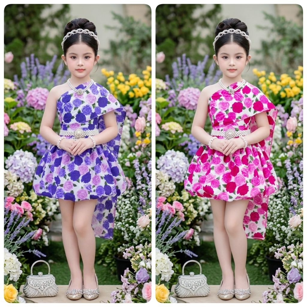 ชุดไทยเด็กรุ่นสไบ+กระโปรงทรงบอลลูนลายดอกไม้ผ้าคอตตอลTC ชุดสงกรานต์ *ไม่รวมเครื่องประดับ*