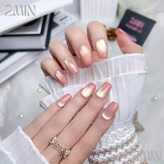เข้ามาแบบใหม่ พร้อมส่งไทย เล็บปลอมสําเร็จรูป ทำด้วยมือ 10 ชิ้น/กล่อง ทองลูกเเก้ว ปลายชมพู แฮนด์เมด100% จึ้งๆอลังการ