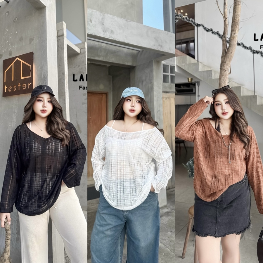 เสื้อซีทรูแขนยาว อก 40-54 คอกว้างเปิดไหล่ ลุคเซ็กซี่ ต้อนรับซัมเมอร์ เหมาะสำหรับน่าร้อนนี้ ของต้องมี พลัสไซส์ ไซส์ใหญ่LC