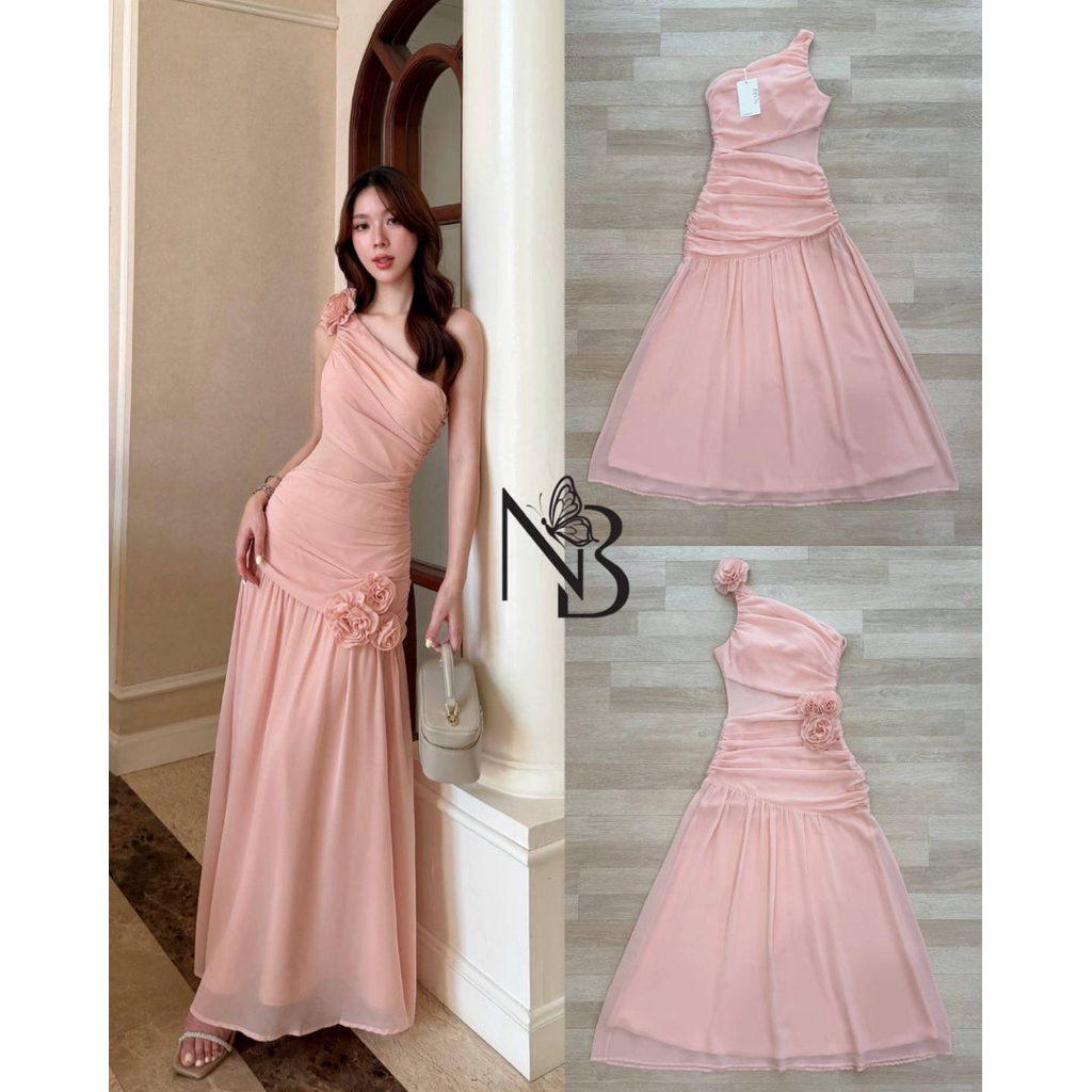 S M L มือ1 NABI BRAND เดรสยาวไหล่เบี่ยงสีนู๊ด แต่งเข็มกลัดดอกตรงไหล่และสะโพก ใส่สวยสุดๆ ป้าย NABI BR