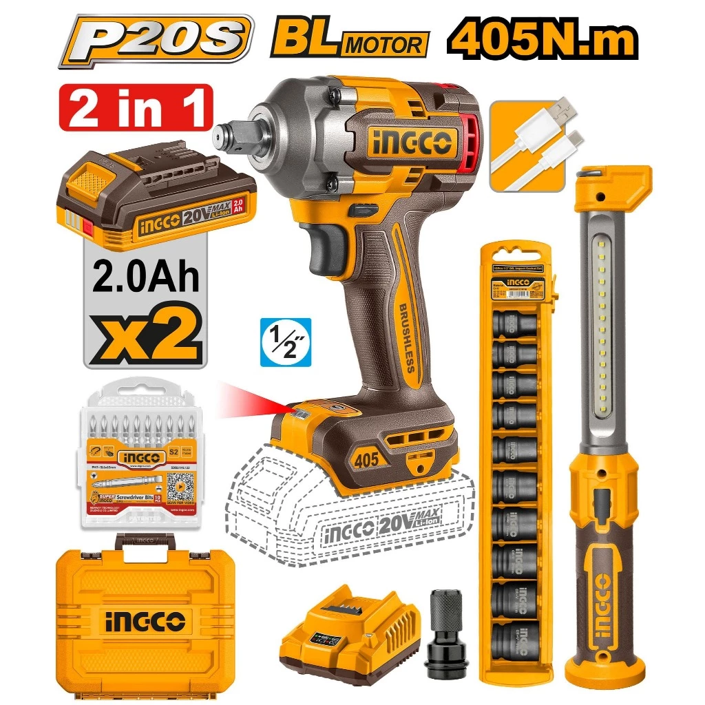 INGCO บล็อกกระแทกไร้สาย 20V มอเตอร์ไร้แปรงถ่าน แรงบิด 405 N.m รุ่น CIWLI20451/ครบชุด COSLI23056