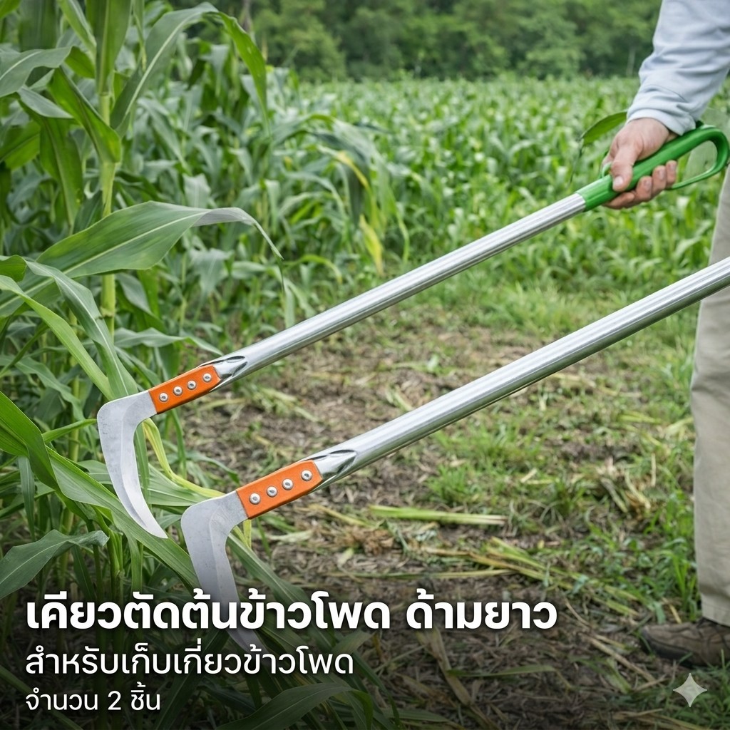 เคียวตัดหญ้าด้ามยาว อลูมิเนียมน้ำหนักเบา ใบมีดเหล็กกล้าคมกริบ (แพ็ค 2 ชิ้น) สำหรับตัดหญ้าและแต่งกิ่ง  Long Handle Grass