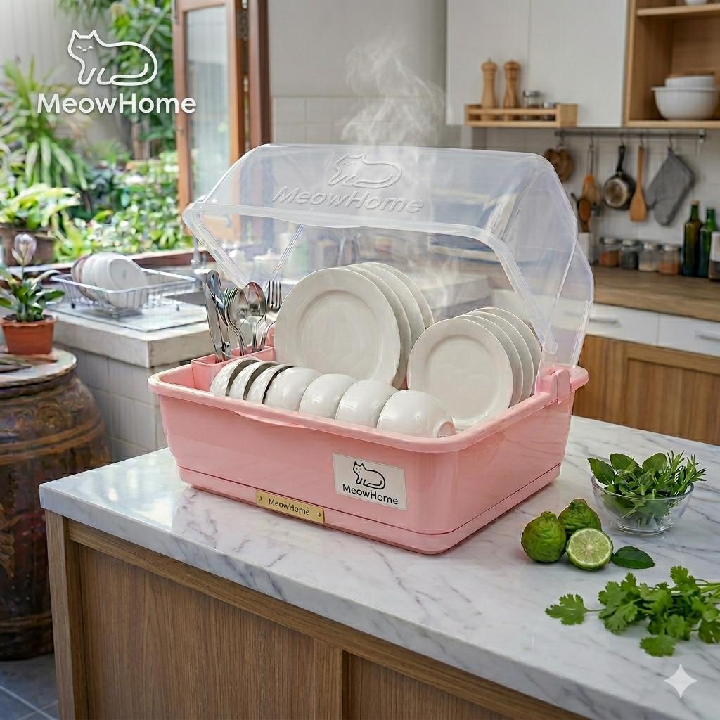 MeowHome ที่ควมจาน/แก้วนำ้ ฝาปิด กันฝุ่น! กันแมลง! + ถาดรองดึงหน้า Kitchen Organizer ควมจาน+แก้วน้ำ ฝาปิดกันฝุ่นแมลง – โปรปัง