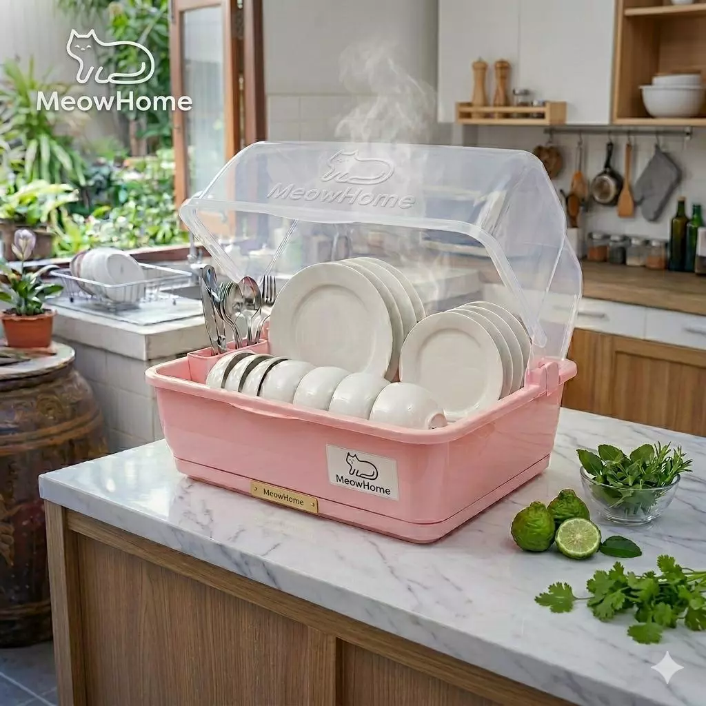 MeowHome ที่ควมจาน/แก้วนำ้ ฝาปิด กันฝุ่น! กันแมลง! + ถาดรองดึงหน้า Kitchen Organizer ควมจาน+แก้วน้ำ ฝาปิดกันฝุ่นแมลง