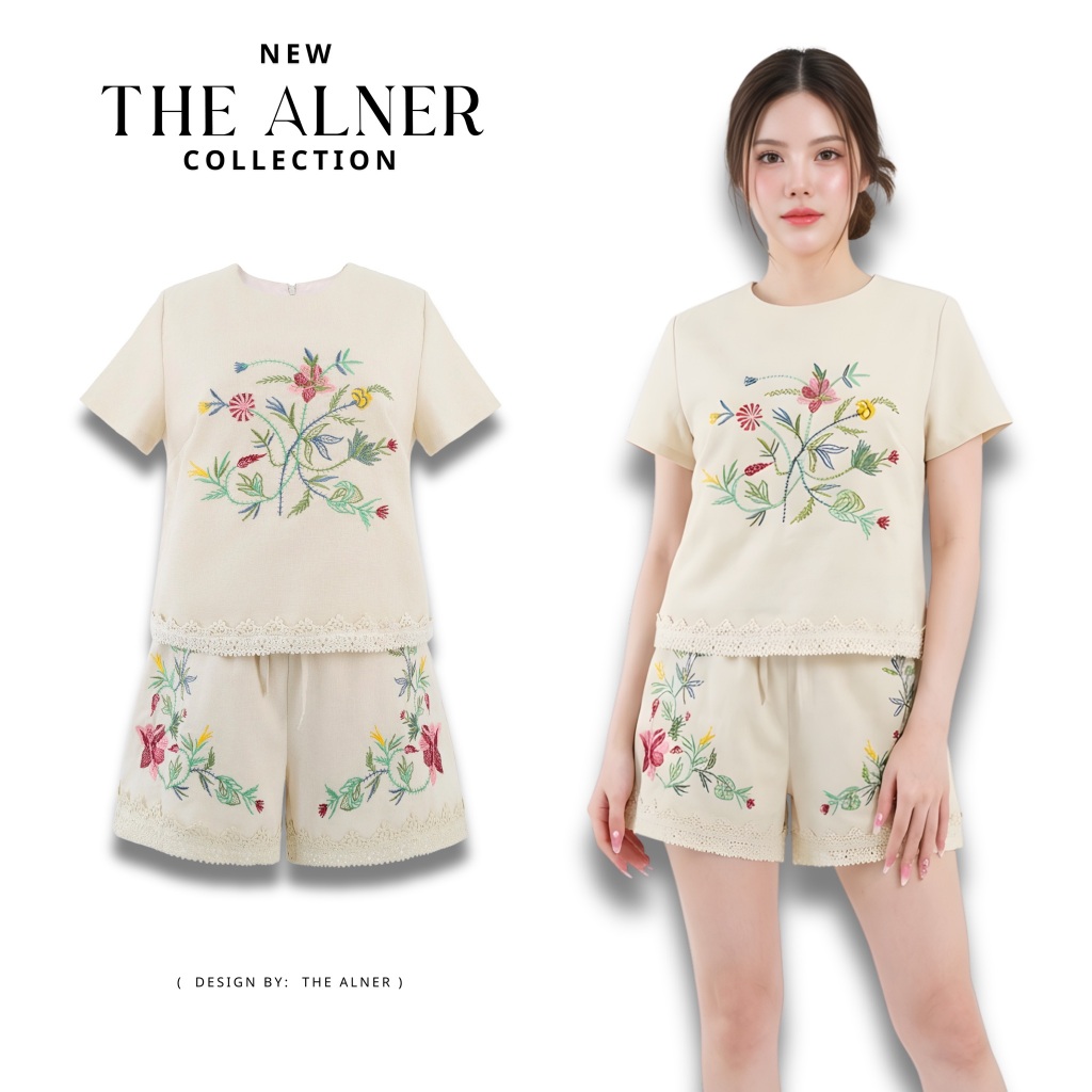 Thealner-AN200 (เซตเสื้อเบจแขนสั้นปักดอกกางเกงขาสั้น)